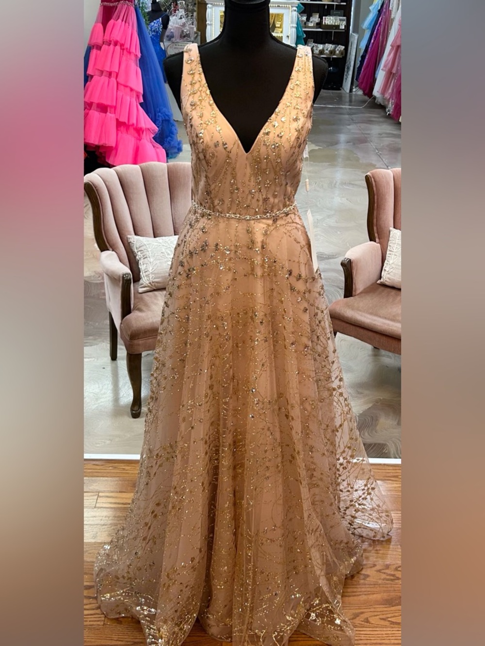 Elegant V-Neck Embellished Prom Dress in Blush Gold